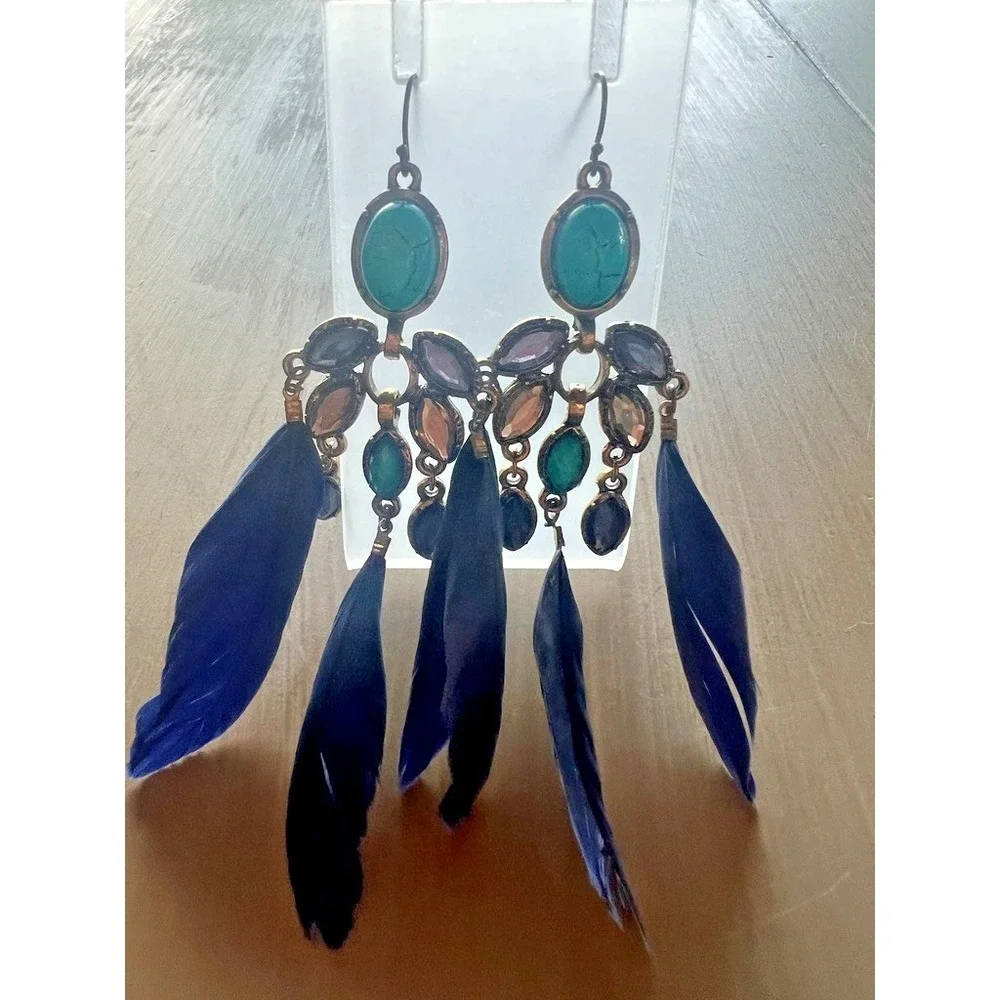 Boho Western Feather Earrings Turquoise Look Stone Chandelier Dangle‎ Cowgirl